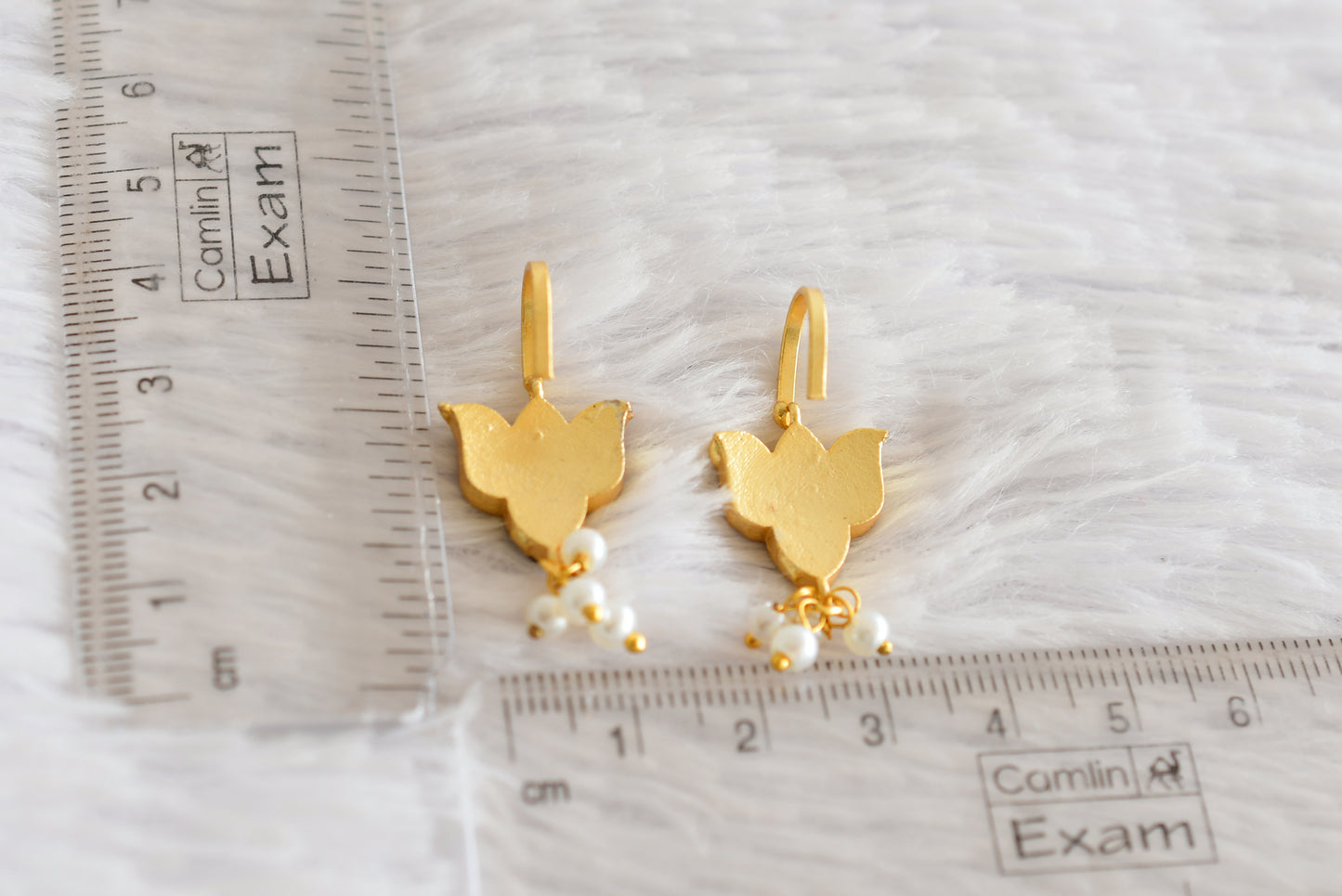 Gold tone pink-green kundan jadau lotus bugadi earrings dj-52470