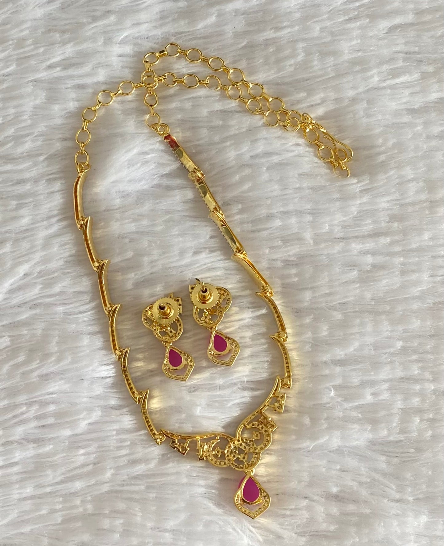 Two tone cz white-ruby stone necklace set dj-54344