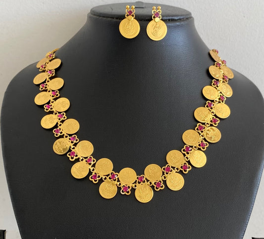 Gold tone pink stone lakshmi coin necklace set dj-54142