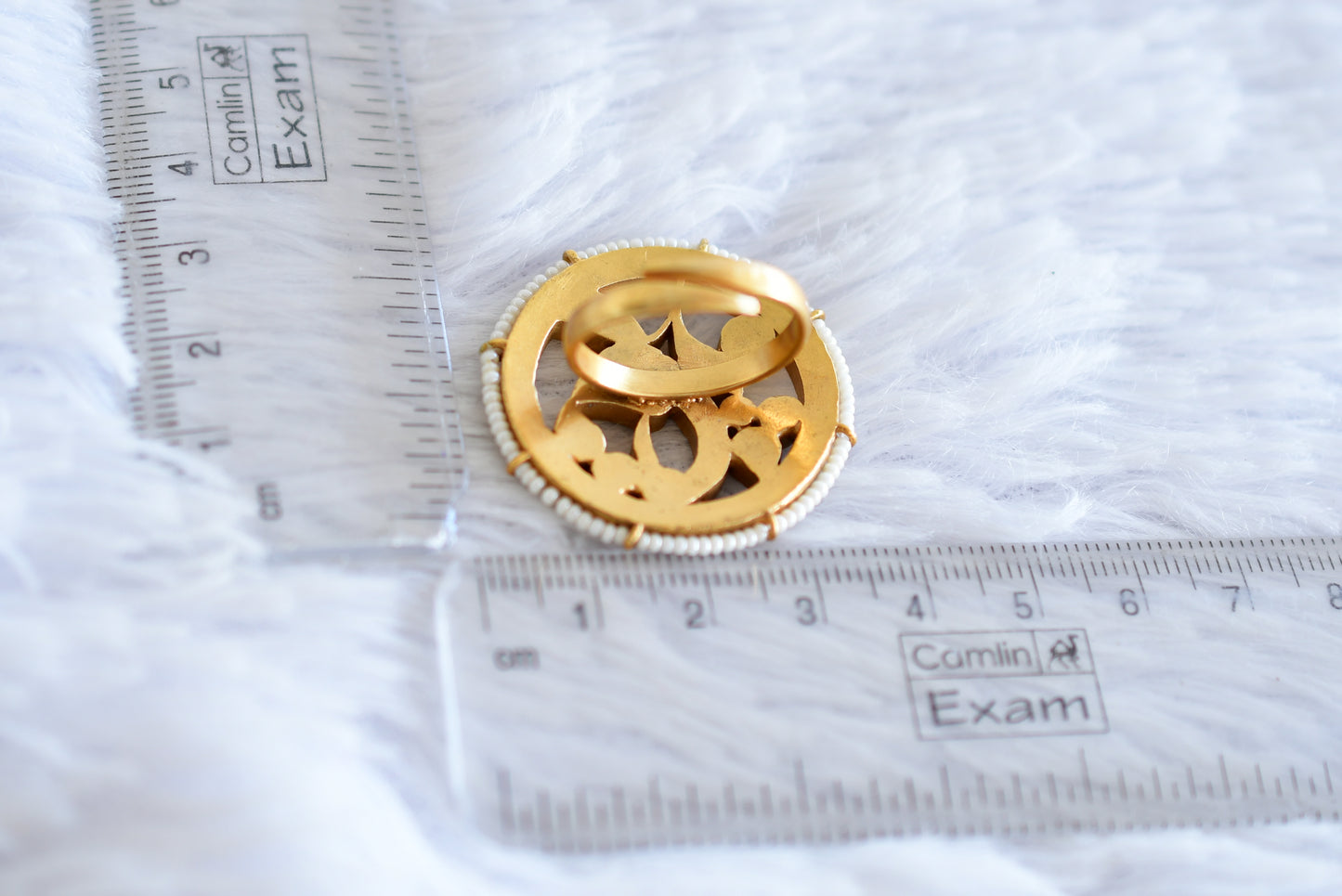 Gold tone pink-green-pearl kundan jadau round peacock finger ring dj-52367