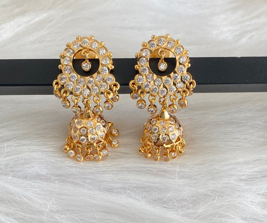Gold tone south indian style AD white stone round jhumkka dj-53866