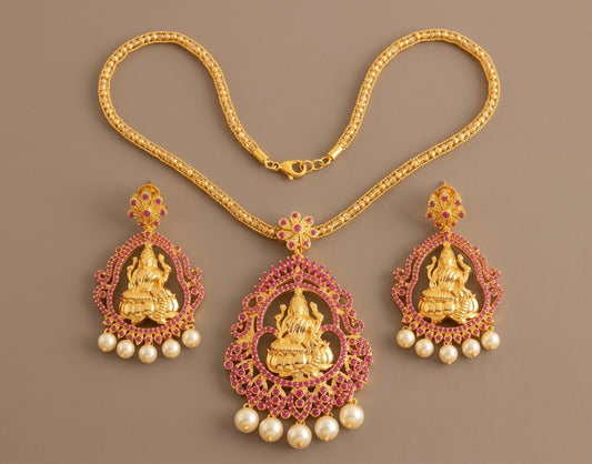 Gold tone Cz Ruby Pearl Lakshmi Necklace Set- DJ10865
