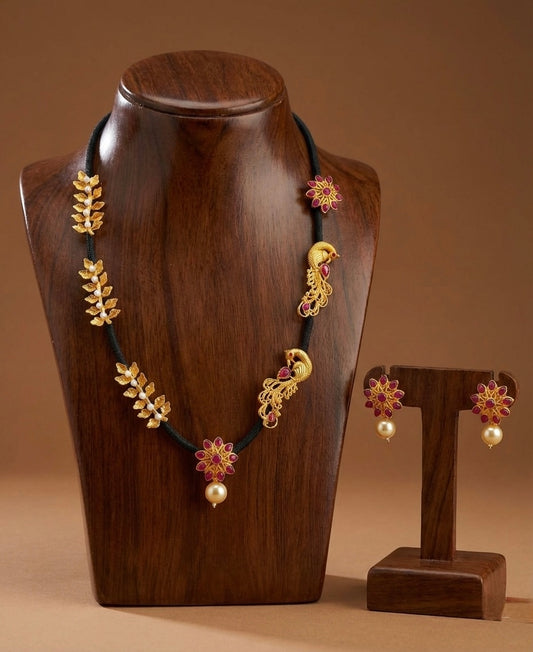 Matte finish black thread ruby peacock necklace set-dj07275