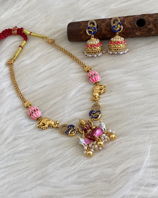 Matte finish meenakari peacock gaja lakshmi necklace set dj-54747