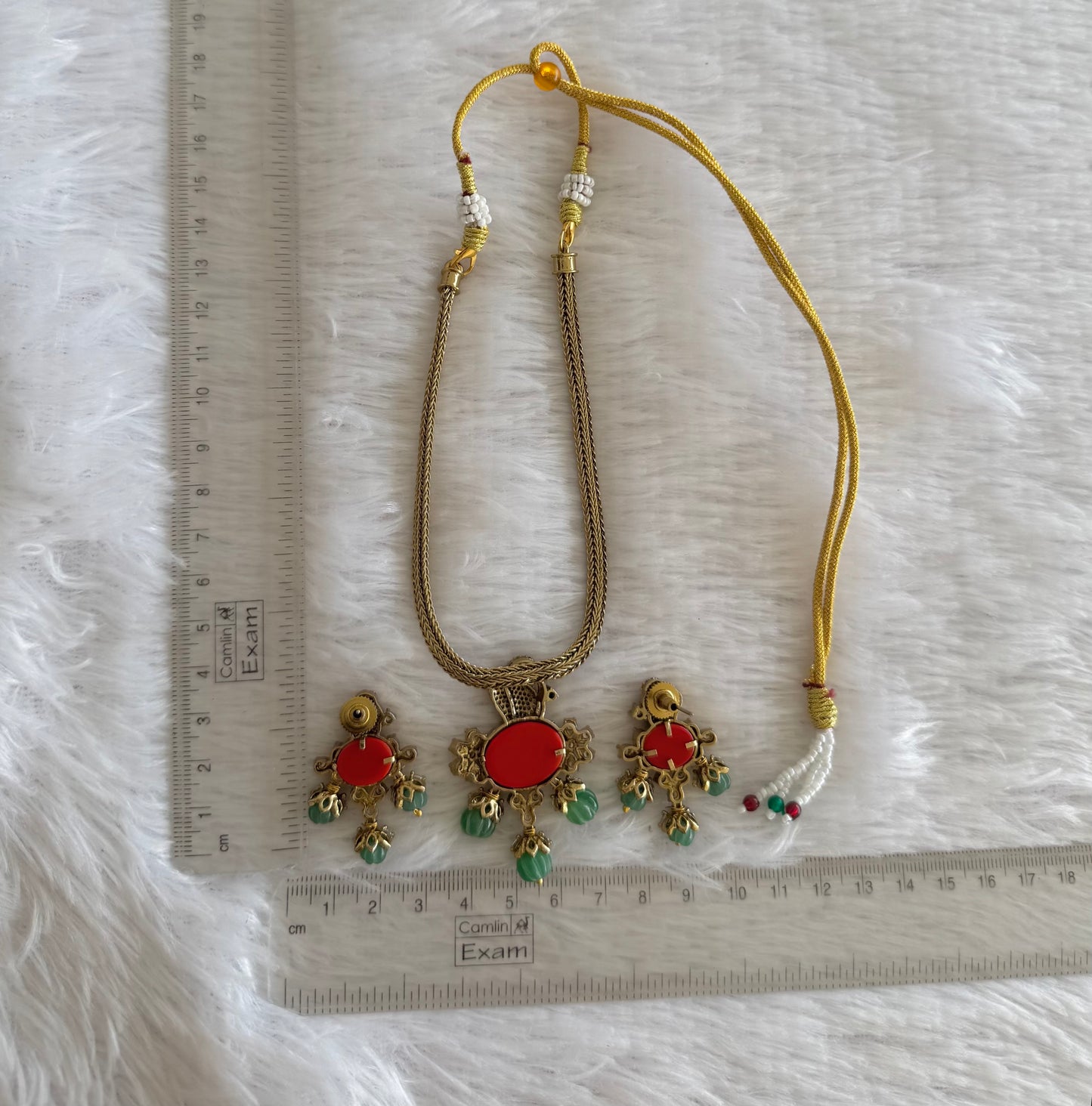 Antique gold tone cz coral-sea green white peacock necklace set dj-52131