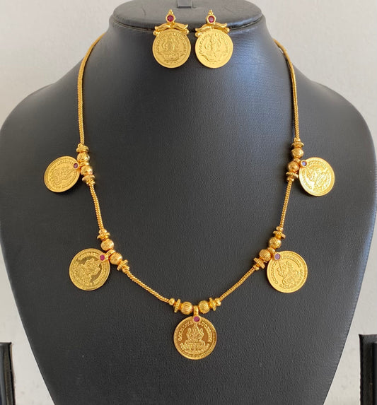 Gold tone pink stone lakshmi coin necklace set dj-54143
