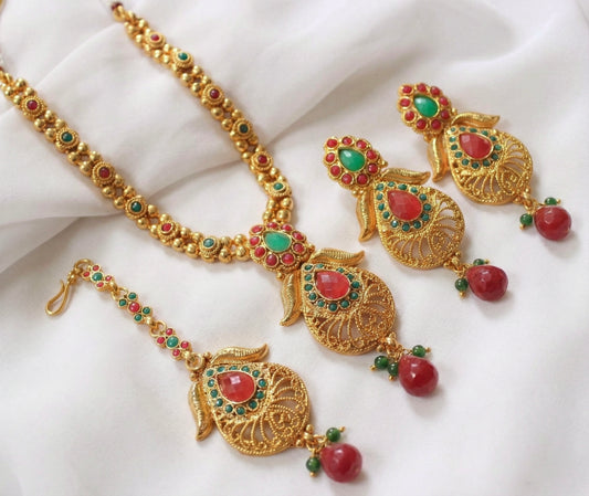 Antique gold tone ruby-green necklace set-dj04177