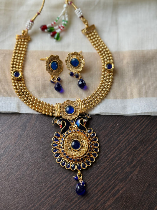 Antique gold tone blue peacock necklace set-dj04179