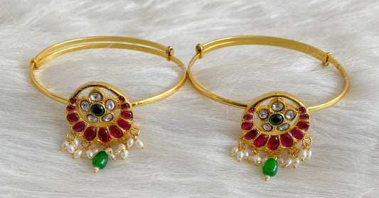 Gold tone kundan jadau kemp-green-white flower pearl baju band dj-53835