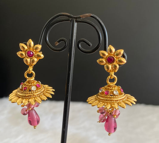Gold tone pink-white stone jhumkka dj-52937