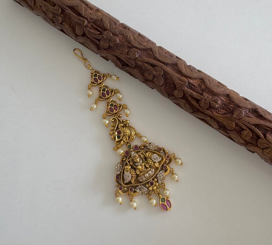 Antique gold tone lakshmi elephant peacock tikka dj-51374