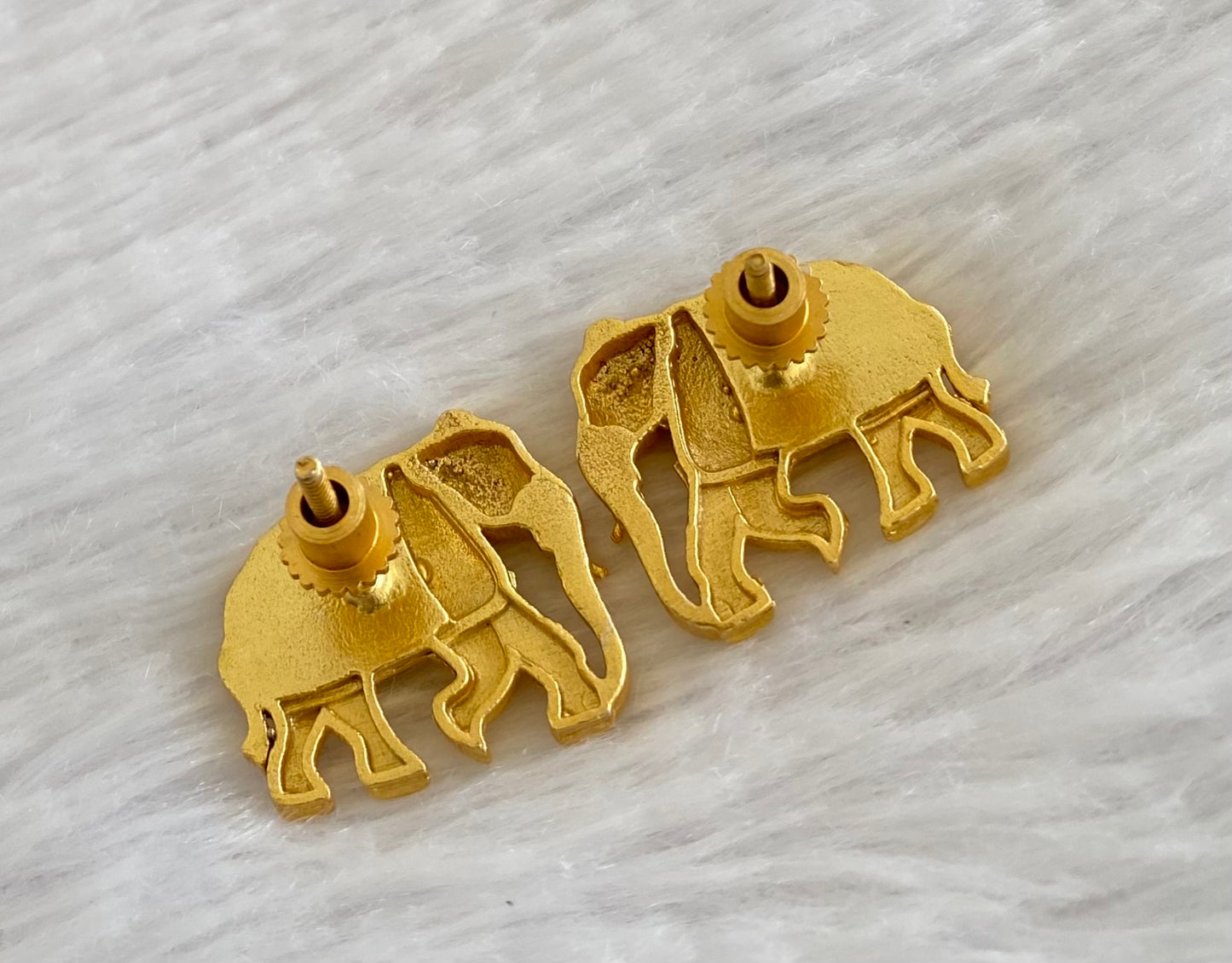 Gold tone pink-green-white kundan jadau elephant earrings dj-53535