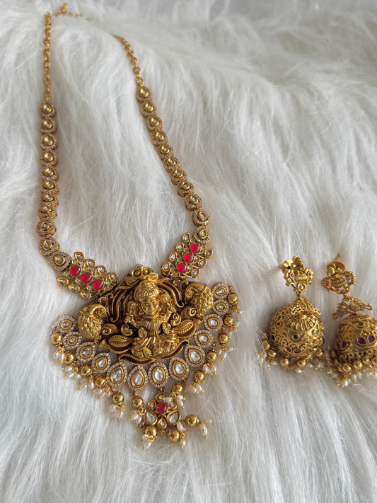 Antique gold tone pink-white stone lakshmi peacock necklace set dj-51113