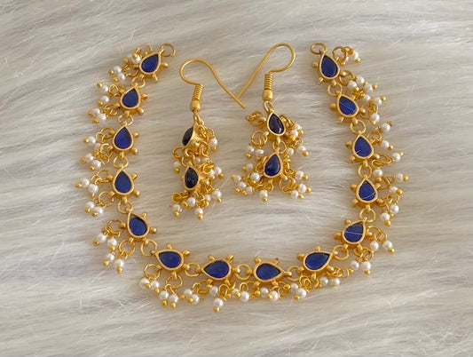 Antique gold tone blue kundan jadau pearl necklace set dj-54152