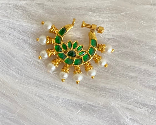 Gold tone kundan jadau green stone pearl nose pin dj-53714