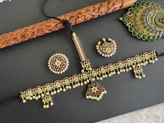 Gold tone precious kemp-green-white pearl lotus head set with sun moon dj-52269