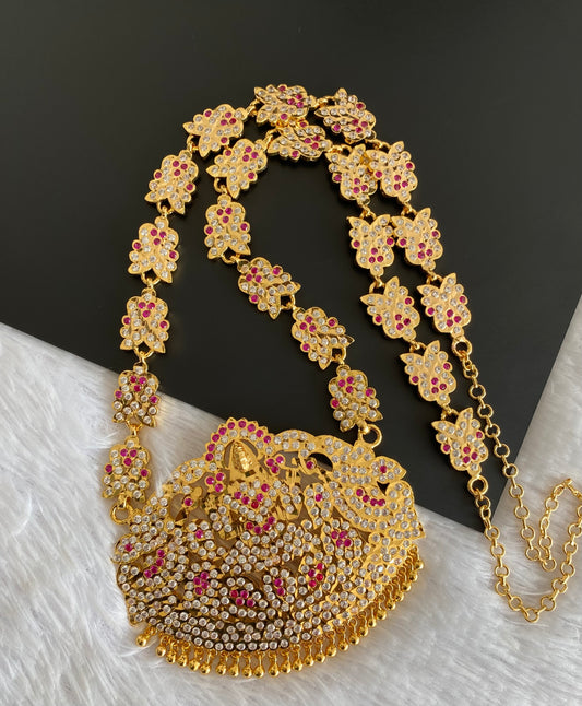Gold tone south indian style grand AD pink-white peacock mango lakshmi haar dj-53258