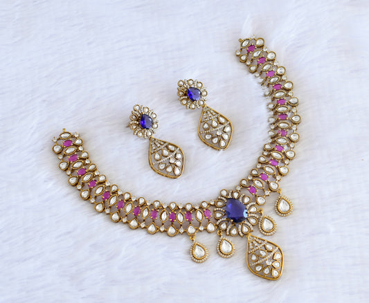 Antique gold tone pink-purple-white necklece set dj-53018