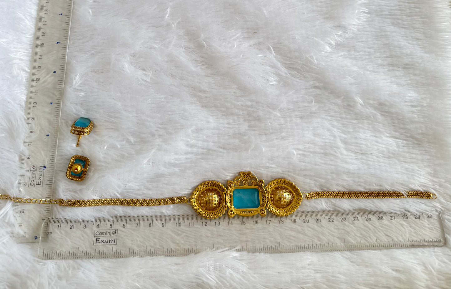 Antique gold tone cz big stone white-light blue choker necklace set dj-51088