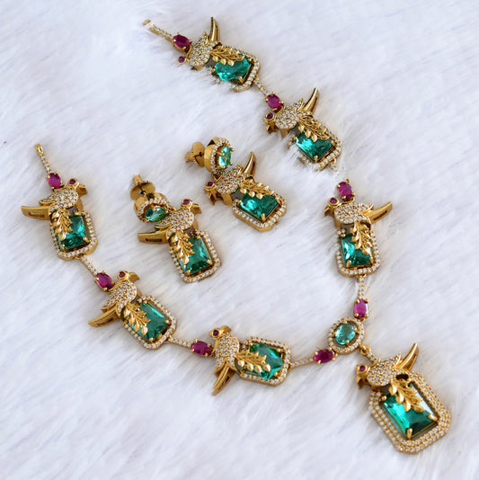 Antique gold tone cz pink-sea green-white bird necklace set dj-53021