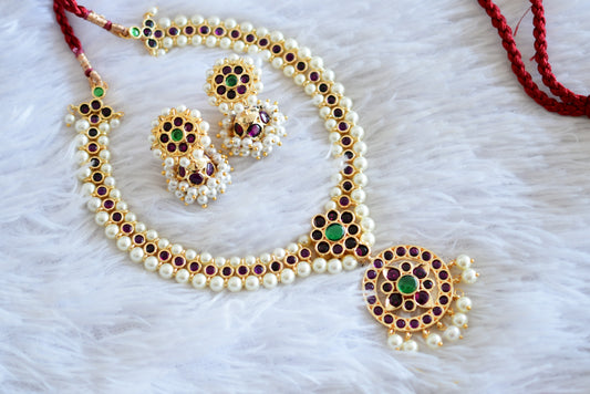 Gold tone precious kemp-green pearl attigai necklace set dj-52534