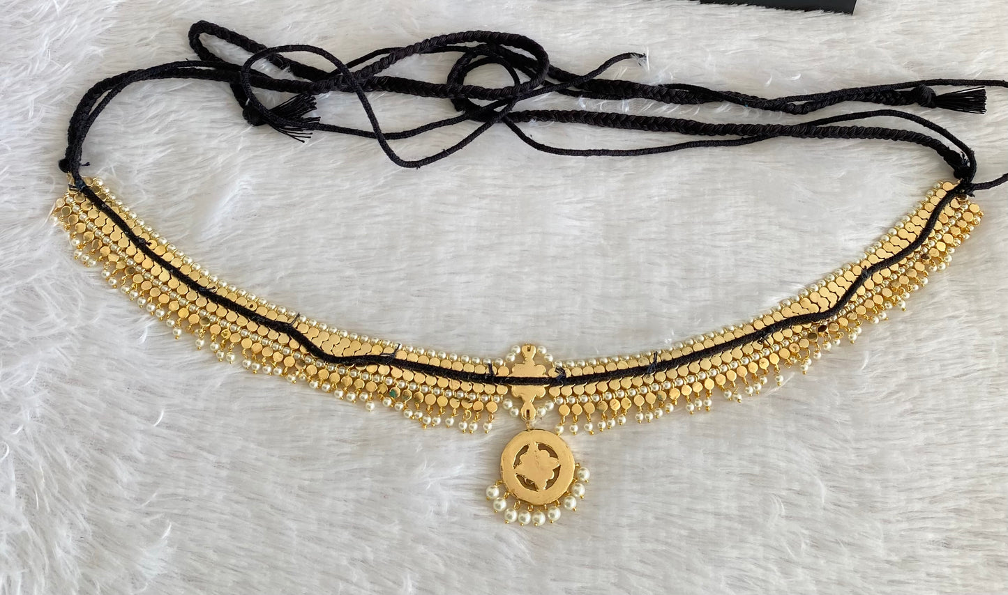 Gold tone AD white stone pearl waist band dj-53386