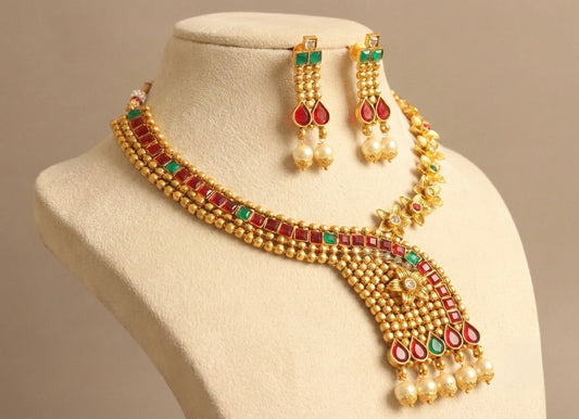 Antique gold tone ruby-green necklace set -dj07811