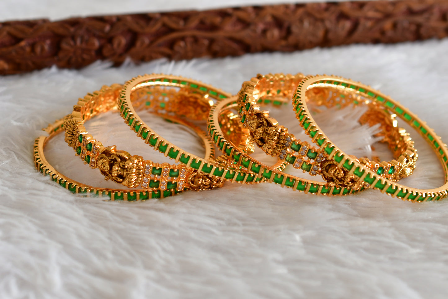 Antique gold tone cz white-green set of 6 lakshmi bangles(2.8) dj-51961