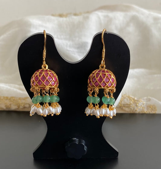 Gold tone pink kundan jadau green beaded rice pearl jhumkka dj-55096