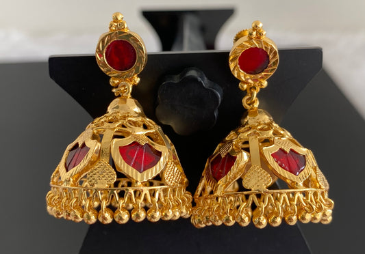 Gold tone kerala style red 5 petals of palakka jhumkka dj-53132