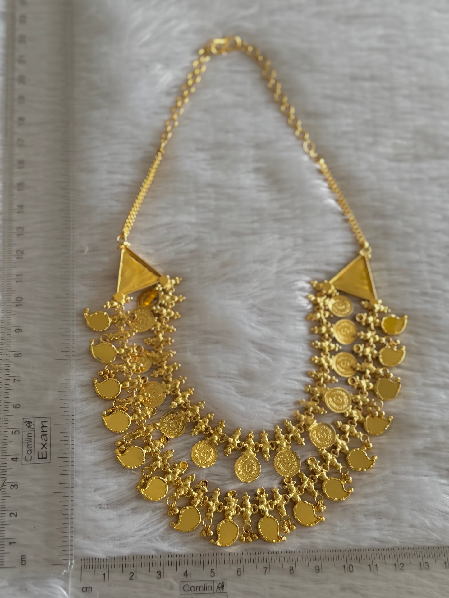 Gold tone kerala style pink-green mango lakshmi coin double layer necklace dj-51734