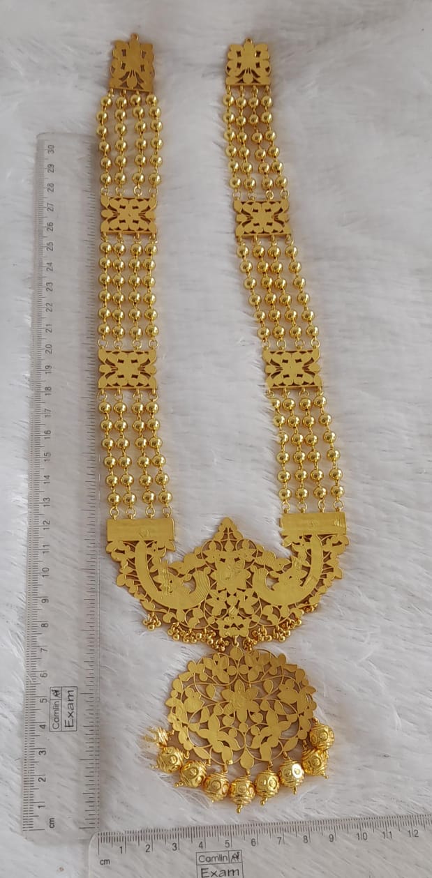 Gold tone pink-green-white kundan jadau flower haar dj-50682