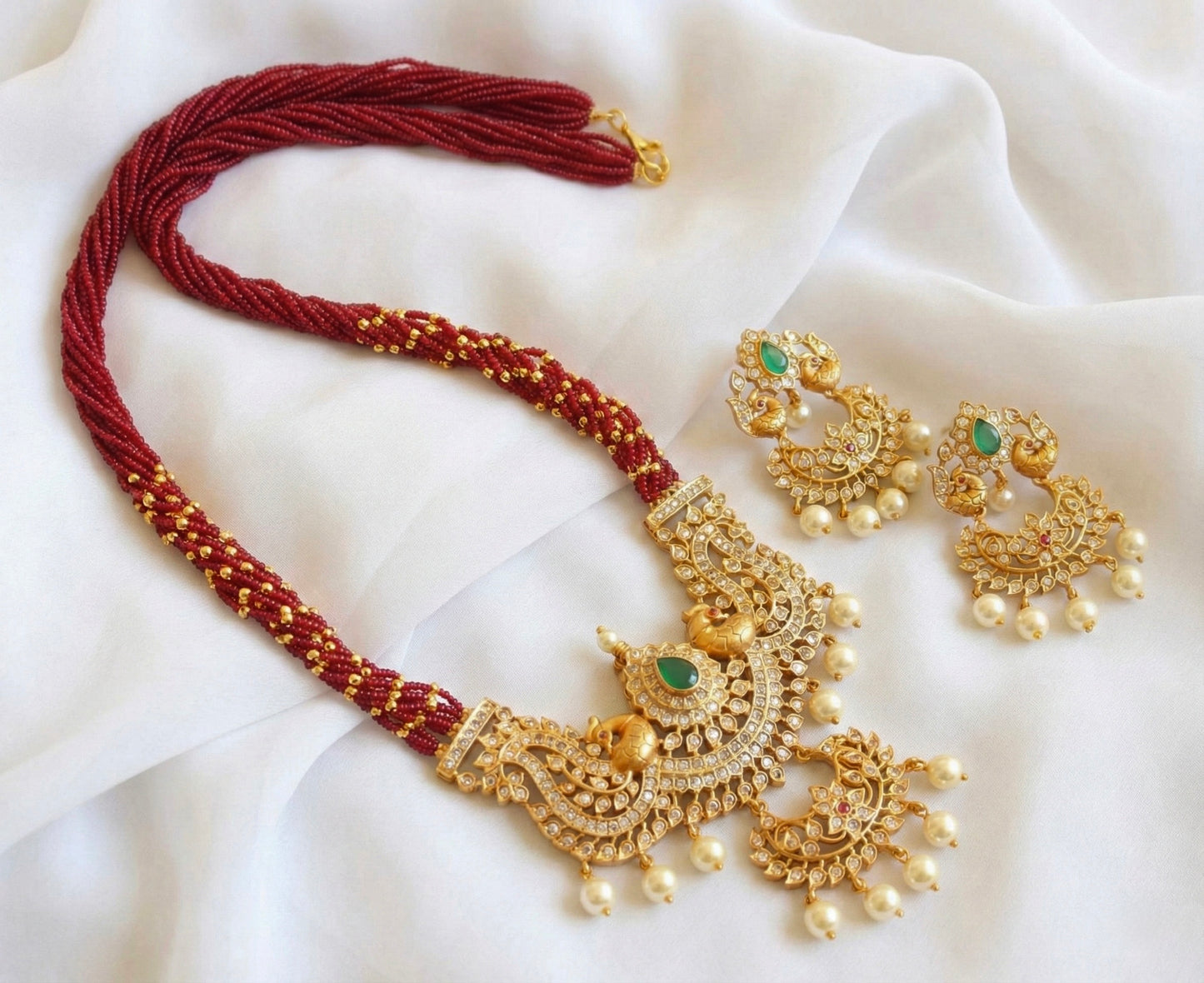 Matte finish maroon beaded cz peacock haar set DJ29133