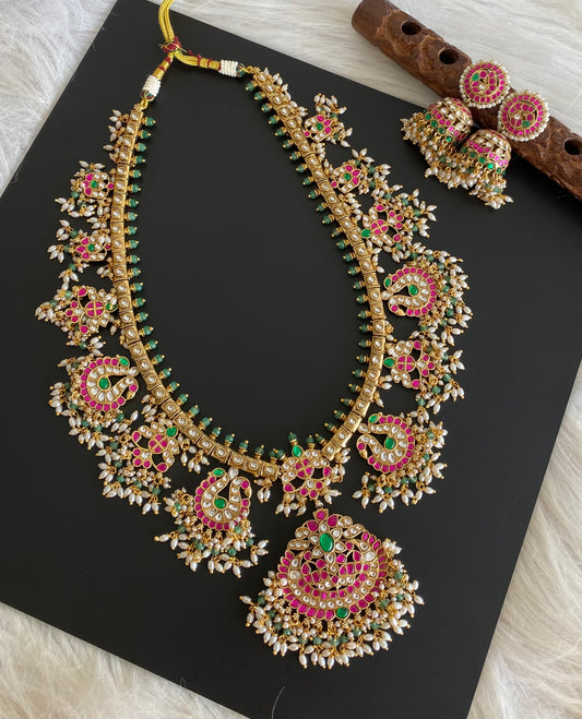 Antique gold tone peacock green beaded kundan jadau rice pearl haar set dj-54155