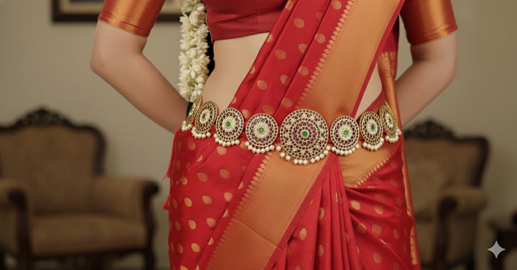 Gold tone precious kemp-green-white pearl round waist band dj-52306