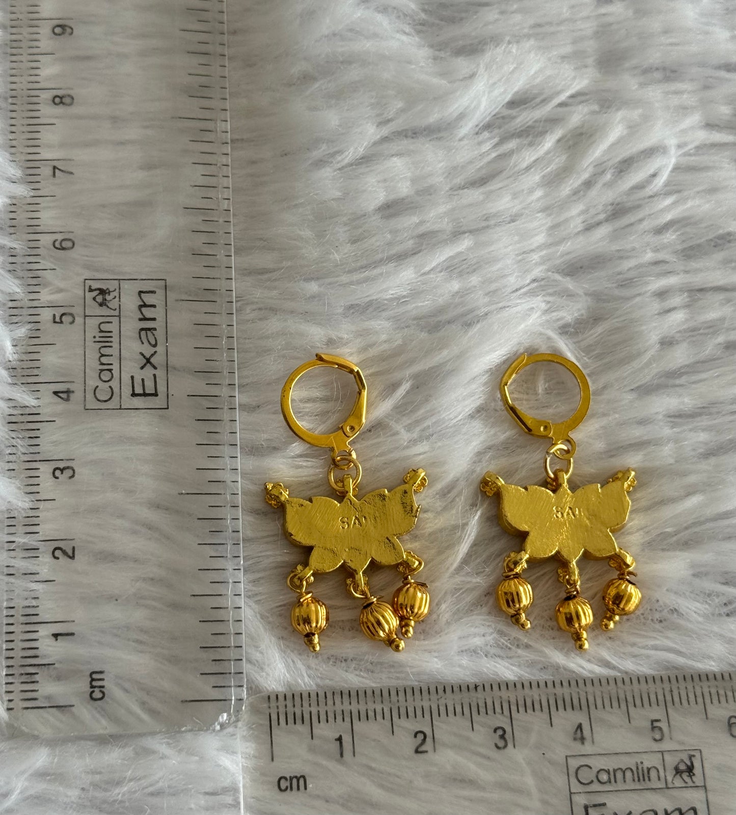 Gold tone pink-green-white kundan jadau lotus hook earrings dj-51530