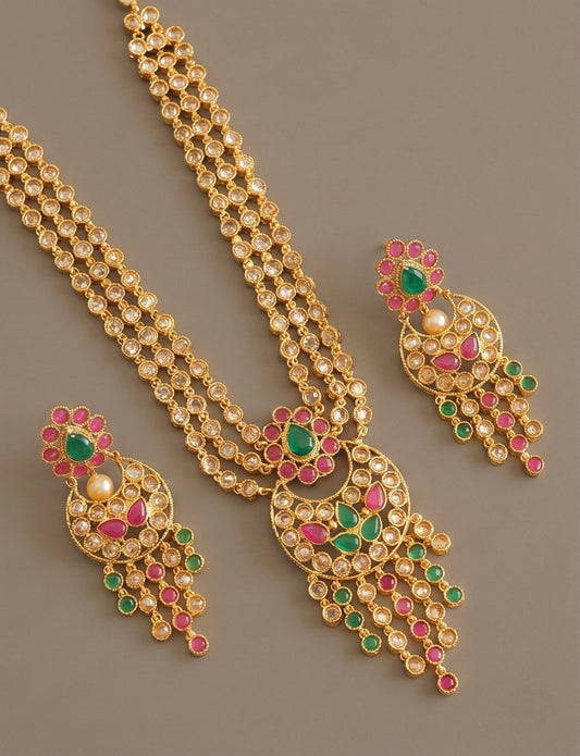 Antique Gold Tone Pink-green Polki Multilayer Necklace Set-dj07623