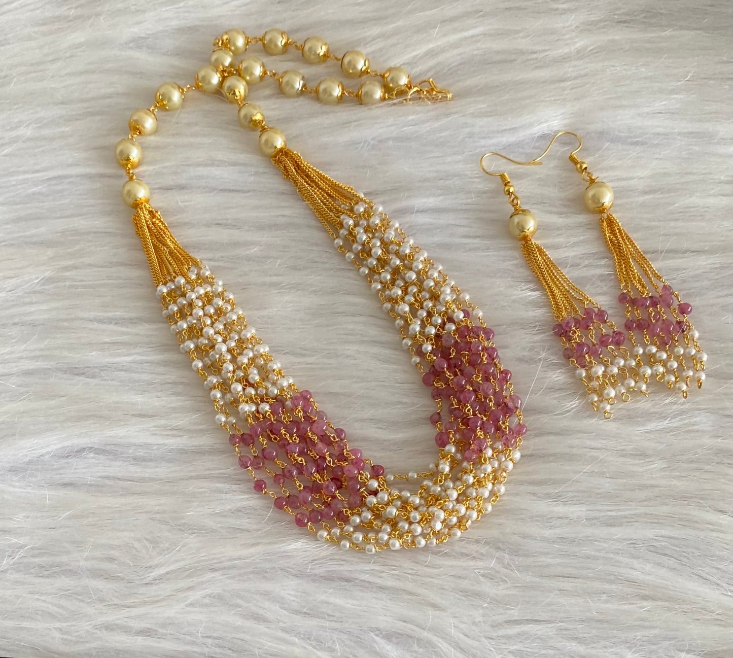 Gold tone baby pink beaded pearl multilayer necklace set dj-54214