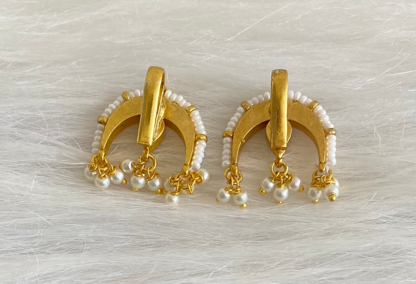 Gold tone pink-green kundan jadau pearl moon bugadi earrings dj-53665