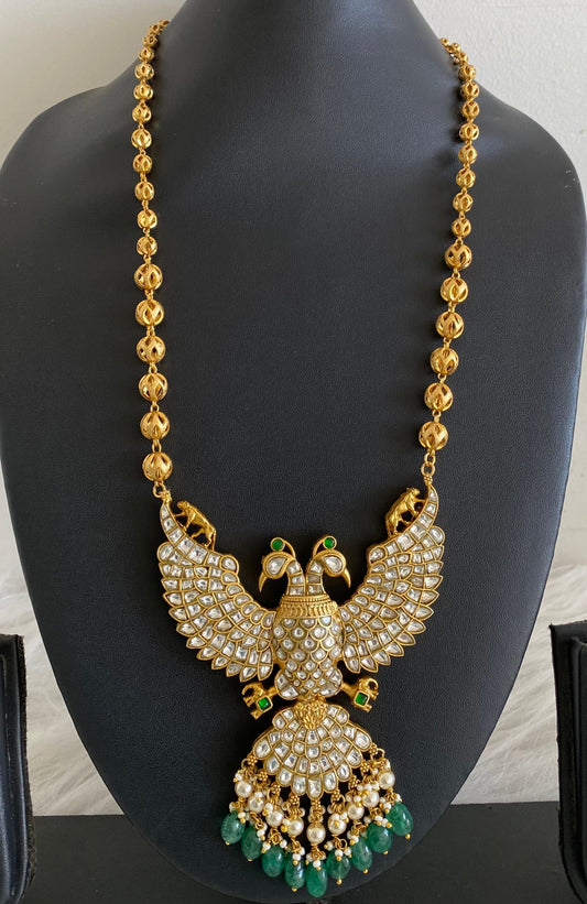 Gold tone pink-green-white kundan jadau gandaberunda reversible pendant,chain dj-53938