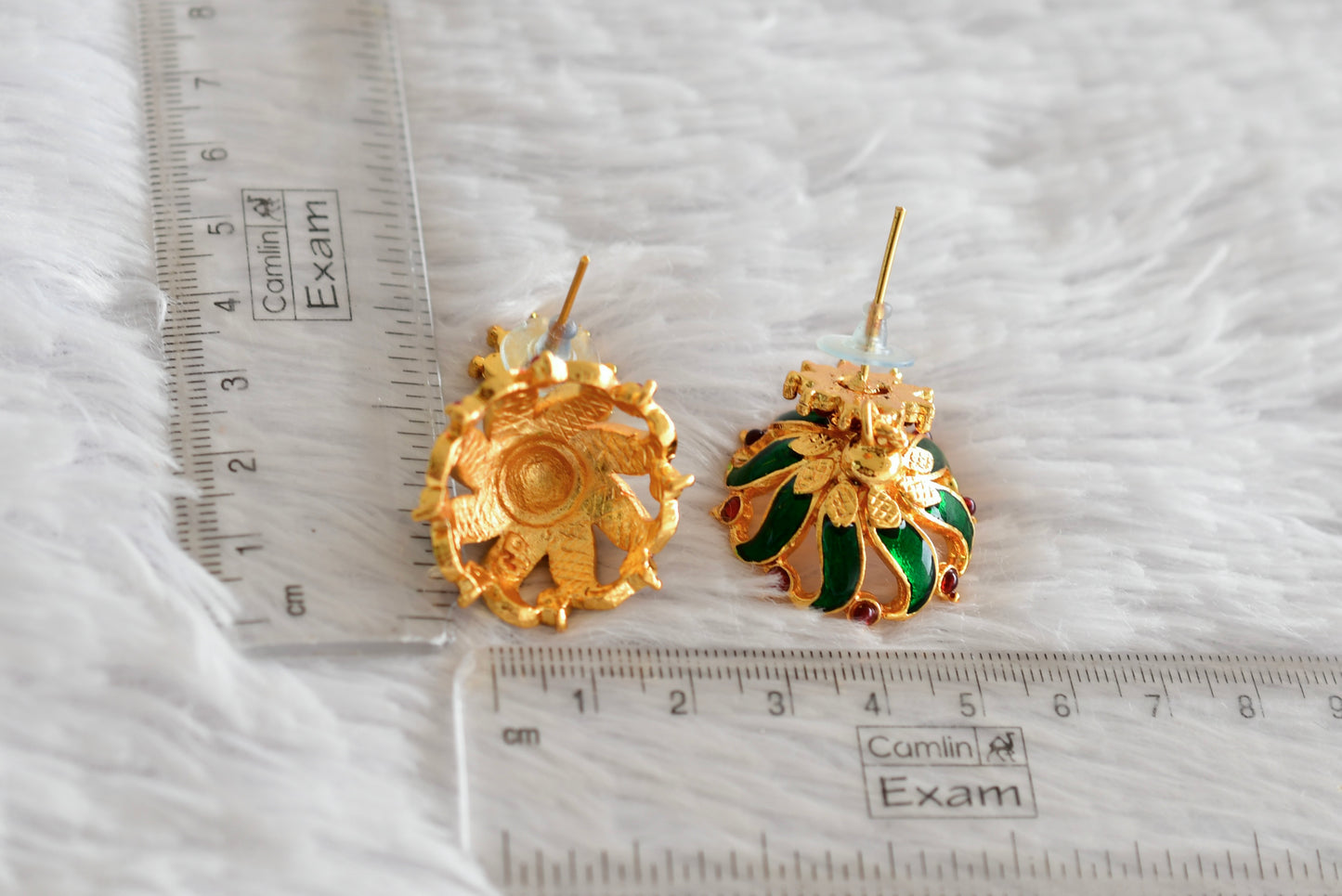 Gold tone maroon-green flower enamel jhumkka dj-52364