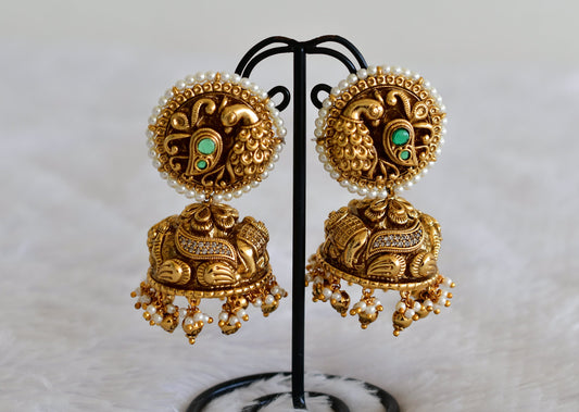 Antique gold tone cz green pearl round big nakshi jhumkka dj-54664