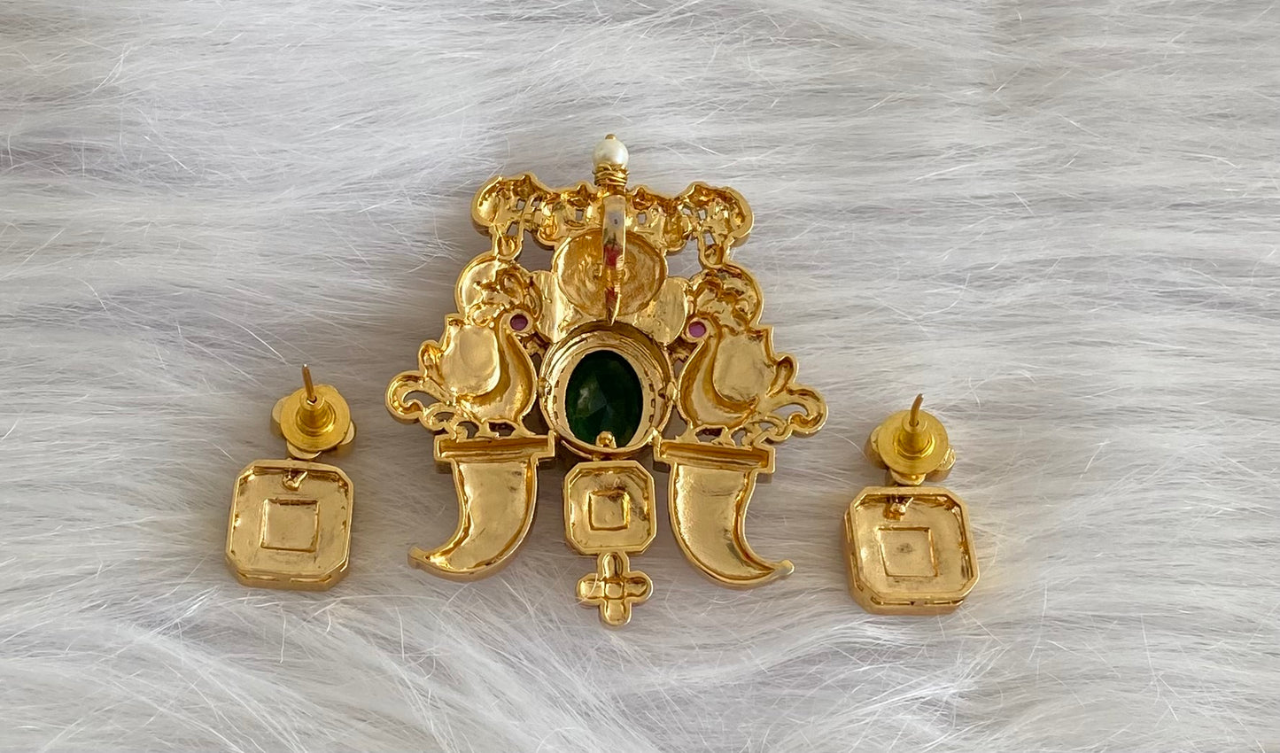 Antique gold tone pink-green kundan jadau peacock pendant set dj-54171