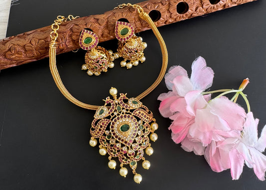 Matte finish cz ruby-green peacock necklace set dj-51227