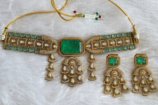 Antique gold tone cz kundan sea green choker necklace set dj-51081