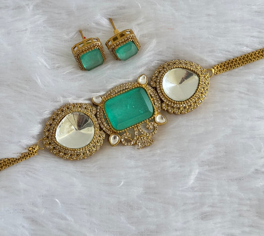 Antique gold tone cz big stone white-sea green choker necklace set dj-51083
