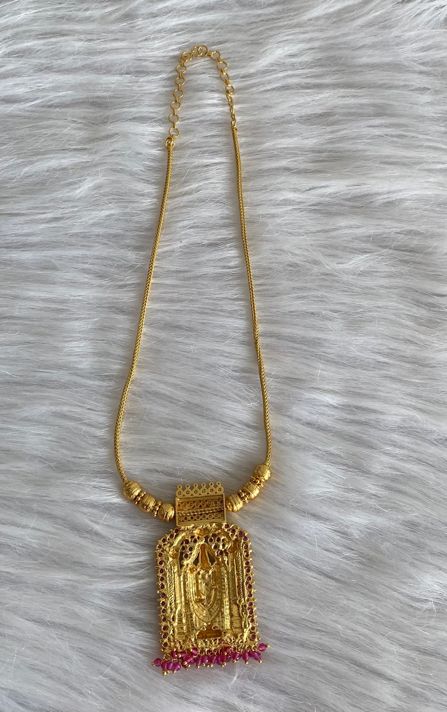 Gold tone pink stone with beaded thirumal necklace dj-54126
