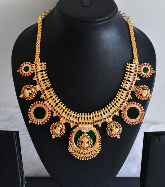 Gold tone kerala style lakshmi pink stone big green round necklace dj-53086
