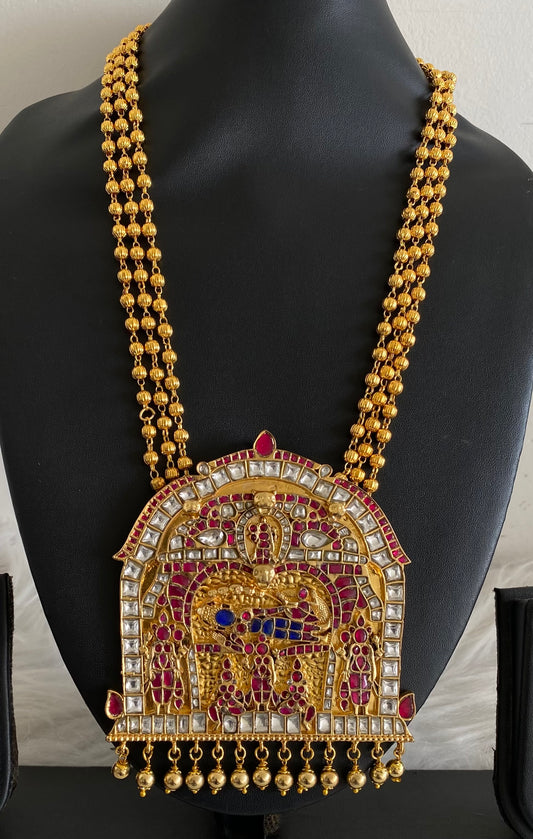 Antique gold tone pink-blue-white kundan jadau shri ranganathar necklace dj-54305