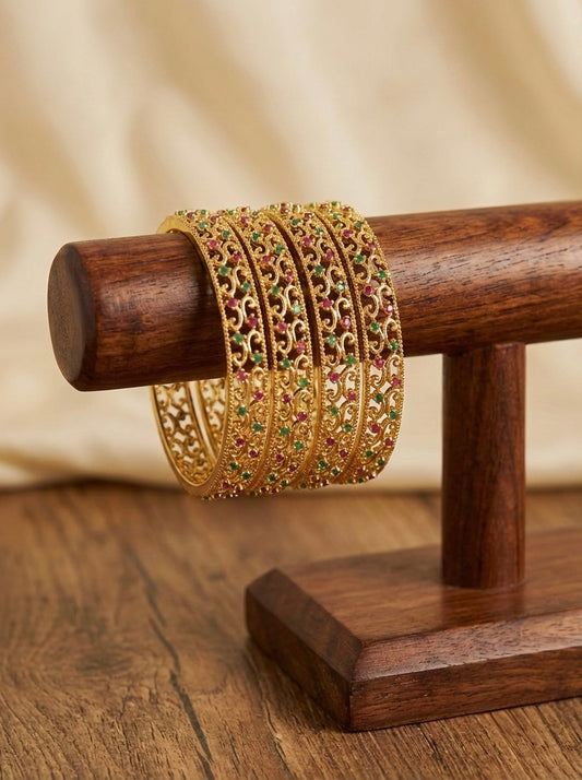 Gold Tone Ruby-emerald Set Of 4 Bangles (2.4) dj-09530
